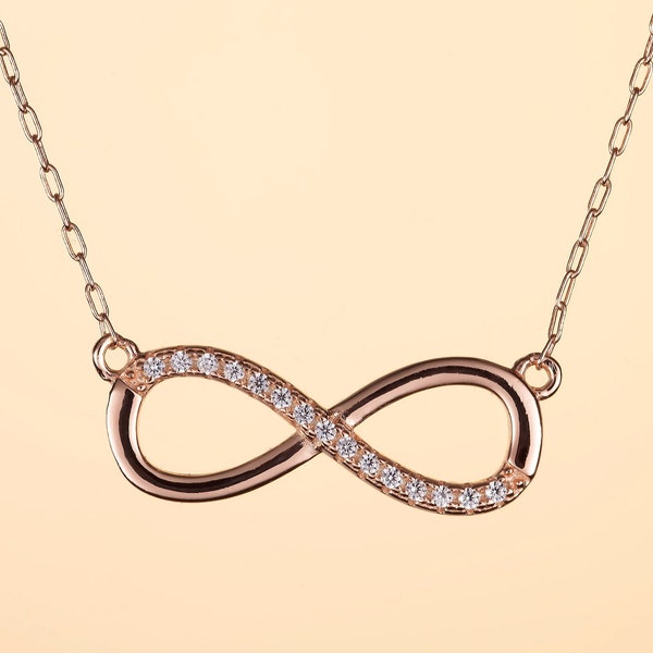 Rose Gold Infinity Necklace with Cubic Zirconia, Rose Gold Plated Sterling Silver Infinity Chain Necklace for Women and Teen Girls