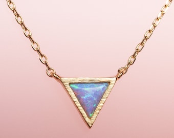 Gold Plated Triangle Opal Pendant Necklace, Dainty Gold Opal Necklace for Women, Gold Plated Geometric Necklace with a Created Opal.