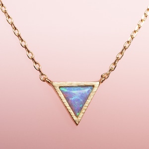 Gold Plated Triangle Opal Pendant Necklace, Dainty Gold Opal Necklace for Women, Gold Plated Geometric Necklace with a Created Opal. image 1