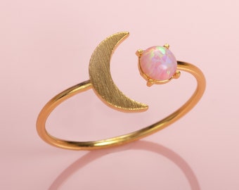 Gold Plated Pink Opal Ring for Women, Open Gold Ring for Women with a Moon Crescent Motif and Pink Opal, Womens Adjustable Dainty Rings