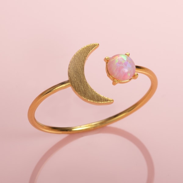 Gold Plated Pink Opal Ring for Women, Open Gold Ring for Women with a Moon Crescent Motif and Pink Opal, Womens Adjustable Dainty Rings