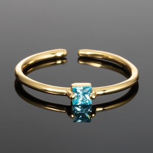 Light Blue Ring in Gold for Women, Adjustable Open Rings for Women with a Sky Blue Square Stone, Dainty Gold Ladies Ring, Womens Gold Ring