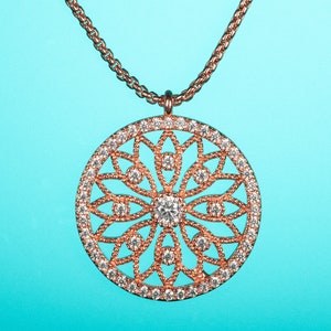 Rose Gold Filigree Pendant Necklace for Women and Teen Girls, Rose Gold Plated Mandala Necklace with Cubic Zirconia Stones