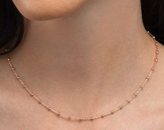 Rose Gold Plated Sterling Silver Ball Chain Necklace, Dainty Beaded Satellite Chain