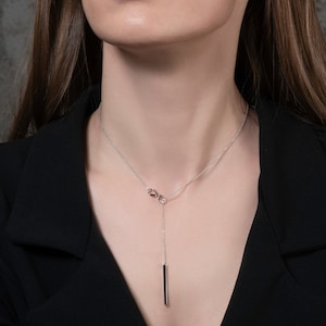 Sterling Silver Y Necklace for Women, 925 Silver Infinity Y Necklace for Women, Long Dainty Lariat Necklace with a Vertical Bar Sliding