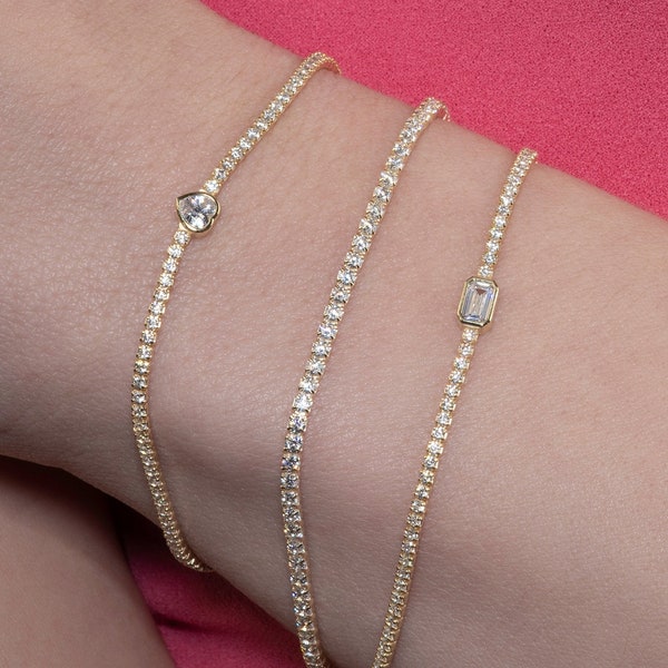 Gold Tennis Bracelet for Women, Gold Plated Sterling Silver Skinny Tennis Bracelet with Cubic Zirconia Stones for Women and Teenage Girls