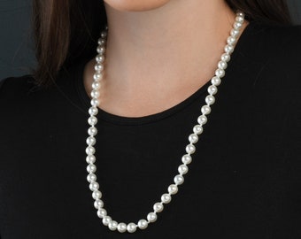 Long Pearl Necklace for Women, 24-inch Long Pearl Necklace for Women with White Shell Pearls, Stylish long Necklace With Shell Pearls