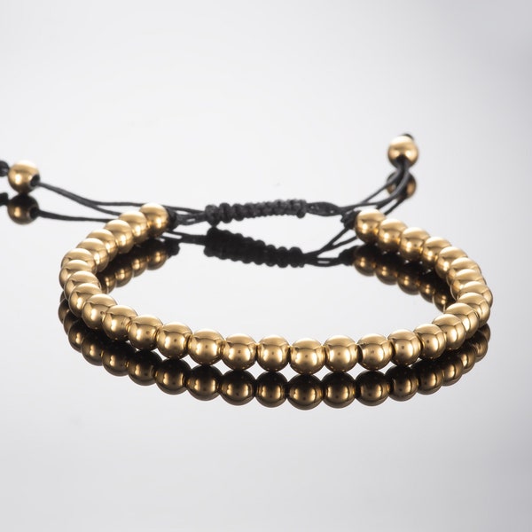 Adjustable Gold Bead Bracelet for Men and Teenage Boys, Gold Beaded Friendship Bracelet for Men, Metal Beads on Adjustable Black Cord