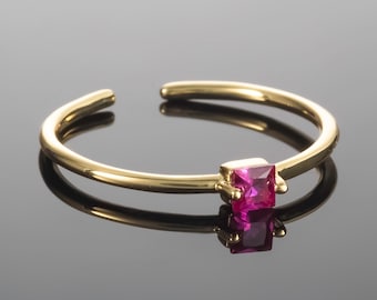 Pink Ring in Gold for Women, Adjustable Open Rings for Women with a Fuchsia Pink Square Stone, Dainty Gold Ring with Dark Pink Stone