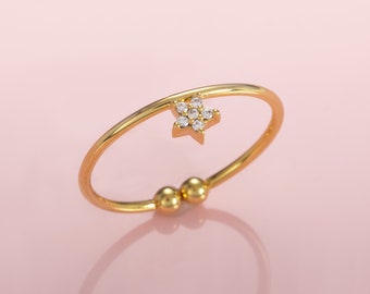 Dainty Gold Star Ring for Women, Adjustable Open Rings for Women with Cubic Zirconia. Womens Gold Plated Ring Set with Zirconia Stones