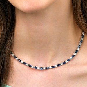 Blue Tennis Necklace for Women in 925 Sterling Silver, Statement Necklace with Blue and White Cubic Zirconia Stones, Tennis Chain Necklace