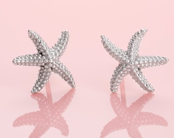 Pendientes de estrella de mar para mujer, con acabado cepillado en plata, para mujeres y adolescentes, con diseño náutico de estrella de mar.
