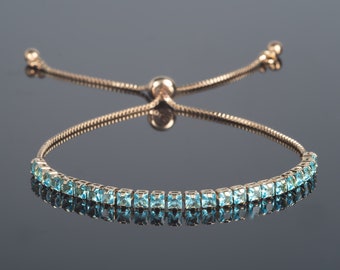 Gold Tennis Bracelet with Light Blue Stones, Light Blue Bracelet for Women and Teenage Girls, Gold Slider Bracelet with Sky Blue Stones,