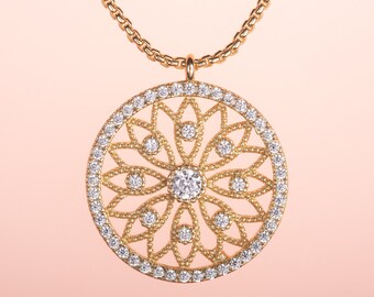 Gold Filigree Pendant Necklace for Women and Teen Girls, Gold Plated Mandala Necklace, Delicate Chain Pendant with Cubic Zirconia Stones