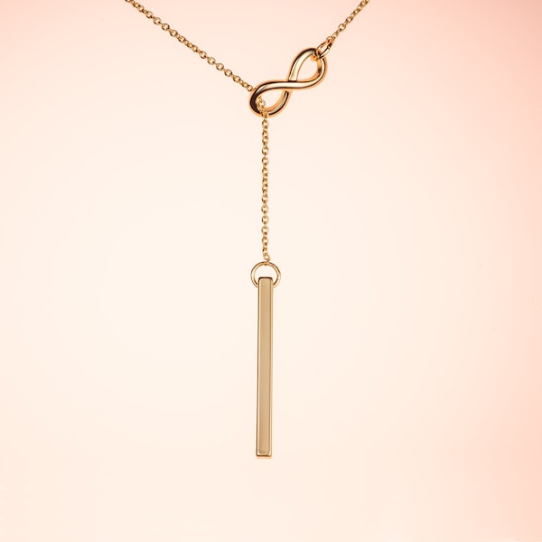 Gold Lariat Necklace for Women, Gold Infinity Y Necklace for Women, Long Layering Necklace with a Vertical Bar Sliding in an Infinity Motif.