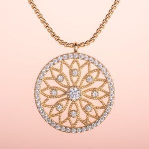 Gold Filigree Pendant Necklace for Women and Teen Girls, Gold Plated Mandala Necklace, Delicate Chain Pendant with Cubic Zirconia Stones