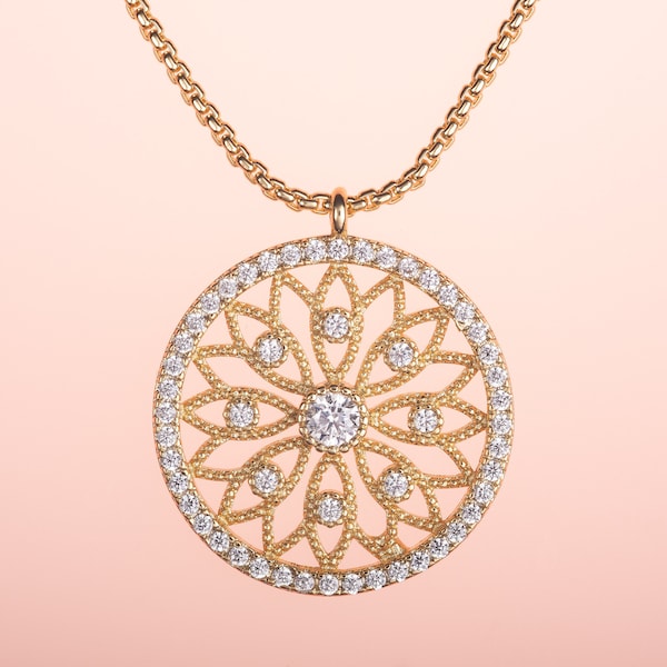 Collier pendentif en filigrane d'or pour femmes et adolescentes, collier mandala plaqué or, pendentif chaîne délicate avec pierres de zircone cubiques