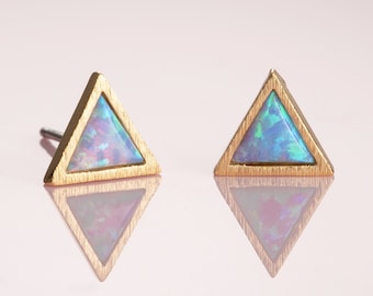 Triangle Opal Stud Earrings for Women, Dainty Brushed Finish Gold Plated Earrings with Opals, Gold Stud Earrings with Opals for Girls