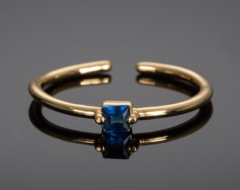 Blue Ring in Gold for Women, Adjustable Open Rings for Women with a Blue Square Stone, Dainty Gold Plated Ladies Ring, Womens Gold Ring