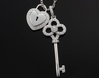 925 Sterling Silver Heart and Key Pendant Necklace for Women and Teen Girls, 925 Silver Lock and Key Necklace with Cubic Zirconia Stones