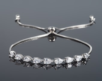 Elegant Dainty Slider Bracelet for Women with Pear Shaped Cubic Zirconia Stones, Sparkly Silver Bracelet for Women and Teenage Girls,