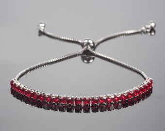 Red Bracelet for Women and Teen Girls, Silver Bracelet with Red Stones, Dainty Slider Bracelet, Tennis Bracelet with Red Zirconia Stones