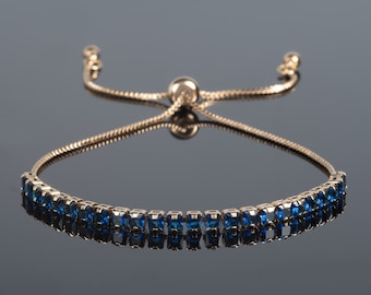 Gold Armband mit Blauen Steinen, Blaues Armband für Frauen und Teenager Mädchen, Zierliches Gold Slider Armband, Goldenes Tennis Armband mit Blauen Steinen