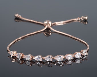 Rose Gold Bracelet for Women and Teen Girls, Dainty Slider Bracelet with Pear Shaped Stones, Simple Bracelet with Cubic Zirconia Stones