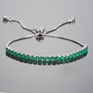 Green Bracelet for Women and Teen Girls, Dainty Silver Bracelet, Green Slider Bracelet, Green Tennis Bracelet with Grren Zirconia Stones