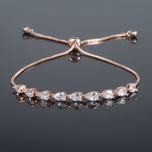 Rose Gold Bracelet for Women and Teen Girls, Dainty Slider Bracelet with Pear Shaped Stones, Simple Bracelet with Cubic Zirconia Stones