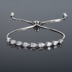 Elegant Dainty Slider Bracelet for Women with Pear Shaped Cubic Zirconia Stones, Sparkly Silver Bracelet for Women and Teenage Girls, image 1