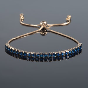 Gold Bracelet with Blue Stones, Blue Bracelet for Women and Teen Girls, Dainty Gold Slider Bracelet, Gold Tennis Bracelet with Blue Stones