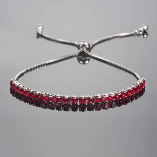 Red Bracelet for Women and Teen Girls, Silver Bracelet with Red Stones, Dainty Slider Bracelet, Tennis Bracelet with Red Zirconia Stones