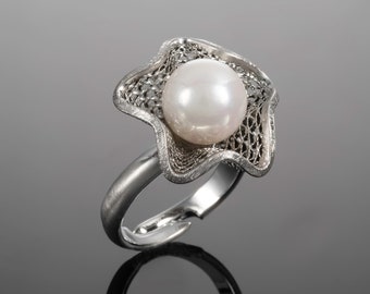 Large Pearl Ring for Women, Adjustable Cocktail Rings with a Big White Faux Pearl, Ladies Silver Statement Ring in a Filigree Flower Design