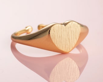 Adjustable Gold Signet Ring for Women, Brushed Finish Gold Plated Heart Signet Ring For Women and Teen Girls, Matte Signet Ring Gold Plated