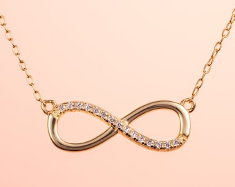 Gold Infinity Necklace for Women, Gold Plated 925 Sterling Silver Infinity Chain Necklace, Yellow Gold Infinity Necklace with Zirconia