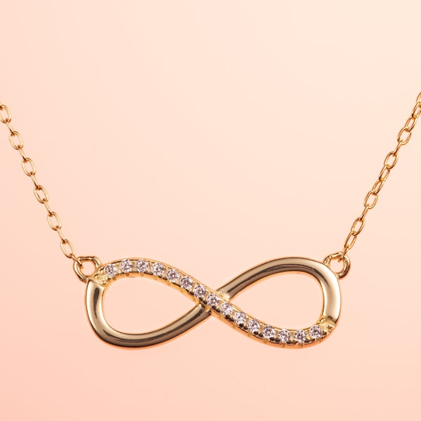 Gold Infinity Necklace for Women, Gold Plated 925 Sterling Silver Infinity Chain Necklace, Yellow Gold Infinity Necklace with Zirconia