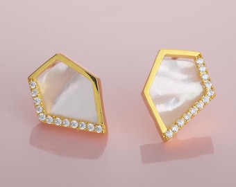 Mother of Pearl Gold Stud Earrings for Women, Gold Plated Earrings with Mother of Pearl and Cubic Zirconia Stones, White Nacre Earrings