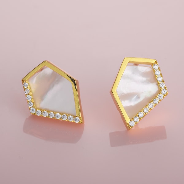 Mother of Pearl Gold Stud Earrings for Women, Gold Plated Earrings with Mother of Pearl and Cubic Zirconia Stones, White Nacre Earrings