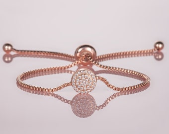 Adjustable Rose Gold Disc Bracelet for Women, Rose Gold Slider Bracelet with Cubic Zirconia Stones, Bolo Bracelet for Women and Teen Girls