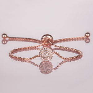 Adjustable Rose Gold Disc Bracelet for Women, Rose Gold Slider Bracelet with Cubic Zirconia Stones, Bolo Bracelet for Women and Teen Girls