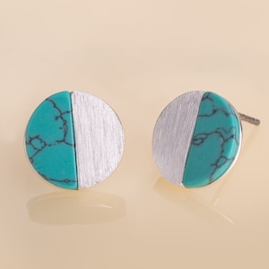 Large Turquoise Stud Earrings for Women, Brushed Finish Earrings with Blue Turquoise, Silver Studs for Women with Turquoise Stones