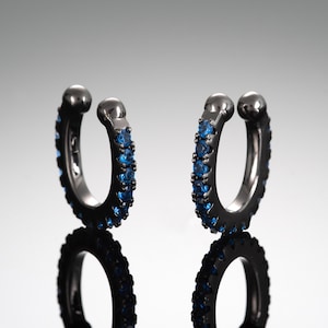 Black Cuff Earrings with Blue Stones, Pair of Black Ear Cuffs for Women and Teen Girls, Set of Ear Cuff Earrings with Stones No Piercing