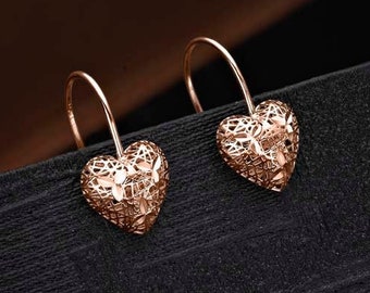 Rose Gold Plated 925 Sterling Silver Webbed Heart Earrings for Women and Teen Girls, Heart Drop Earrings in Rose Gold Plated Sterling Silver