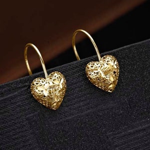 Gold Plated 925 Sterling Silver Webbed Heart Earrings for Women and Teen Girls, Gold Dangle Earrings, Heart Earrings in Gold Plated Silver