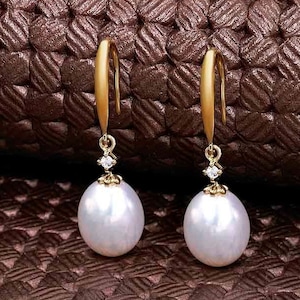 Pearl Drop Earrings with White Freshwater Pearls in 9K Yellow Gold For Women, 9ct Solid Gold Pearl Dangle Earrings With White Cubic Zirconia