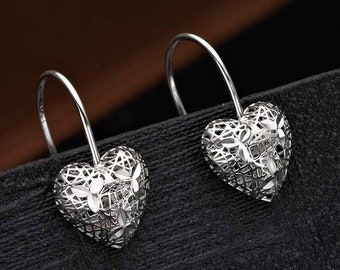 Webbed Heart 925 Sterling Silver Drop Earrings For Women,Silver Heart Drop Earrings for Girls,Cute Silver Dangle Earrings in Sterling Silver