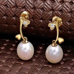 Pearl Drop Earrings with Cubic Zirconia Hearts in 9K Yellow or White Gold For Women,9ct Gold Pearl Dangle Earrings With White Cubic Zirconia