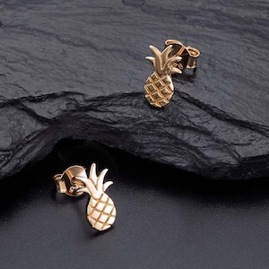 Gold Flat Pineapple Stud Earrings in 925 Sterling Silver For Women, Dainty Gold Plated Earrings For Girls, Cute studs in a pineapple design