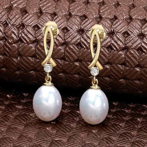Pearl Drop Earrings with Freshwater Pearls & Cubic Zirconia in 9K Yellow or White Gold For Women and Girls, 9ct Gold and Pearl Earrings